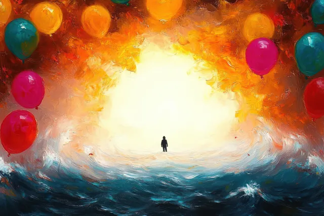 Solitary silhouette stands before stormy dark waves with floating balloons in fiery sunset glow