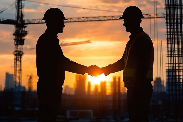 Two construction workers shake hands in silhouette with cranes and sunset city skyline