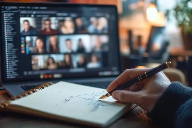 Hand writing in a notebook beside a laptop showing multiple faces in an online video conference.