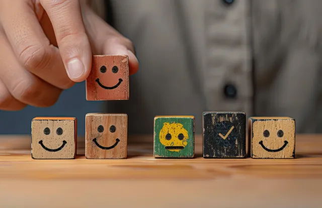 Hand placing a smiling wooden block next to other face blocks and small checkmark icons on a desk.