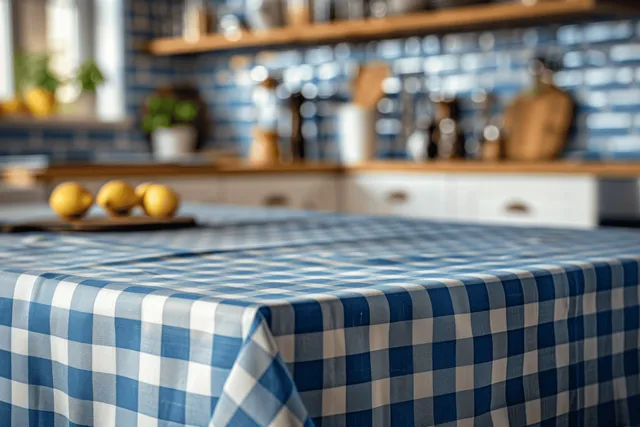 Blue and white checkered kitchen tablecloth with lemons on cutting board, softly blurred background