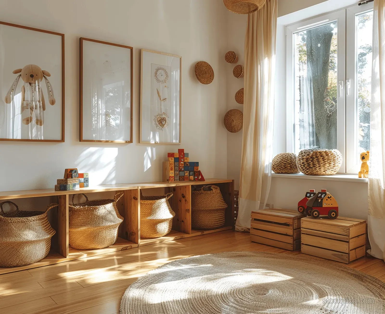 Sunlit children’s room with wooden picture frames, woven storage baskets, and a toy chest near a window.
