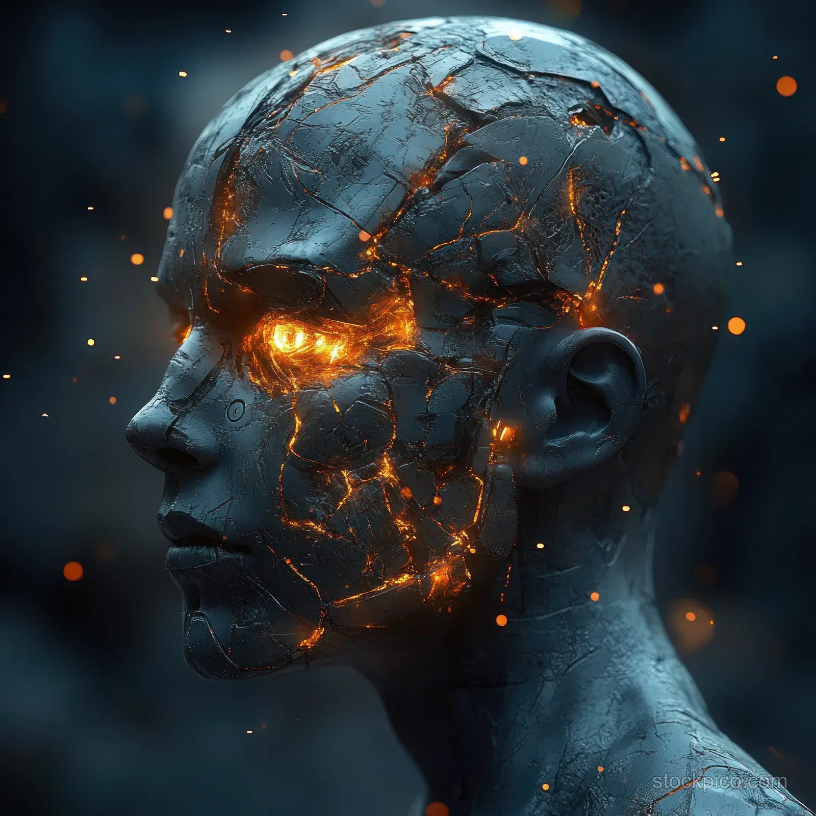 Cracked blue humanoid head in darkness with molten lava glow and floating sparks around glowing eyes.