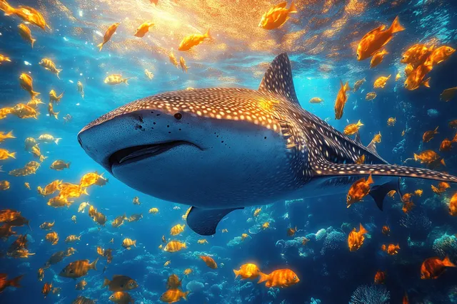A whale shark swims among colorful fish schools in sunlit clear Andaman Sea water.