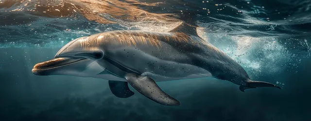 Dolphin swims underwater beneath sunbeams, leaving bubbles through blue ocean light rays