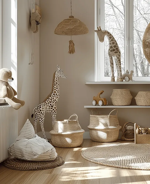 Minimalist nursery corner with beige walls, natural wood toys, and soft window light with Dining Like Table Styling