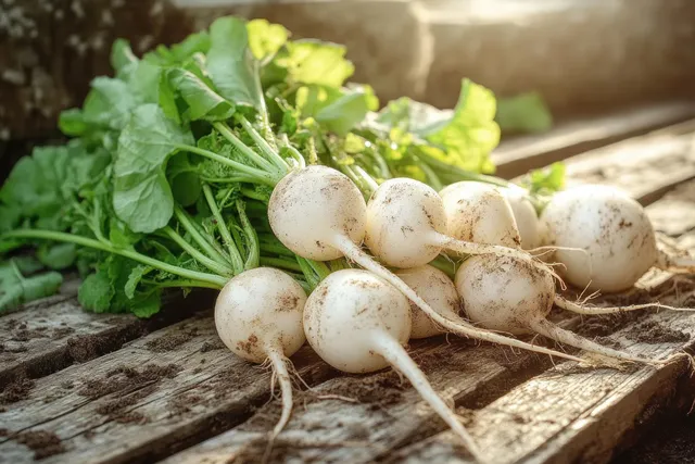Fresh white radishes with green tops are arranged on weathered wooden boards with roots visible.