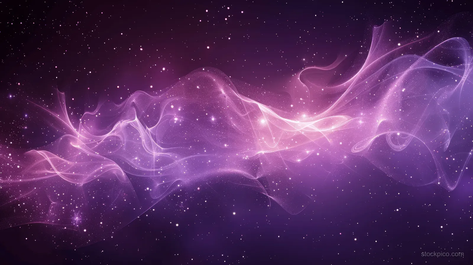 Purple starry background with glowing smoke-like waves and faint plasma trails across deep space.