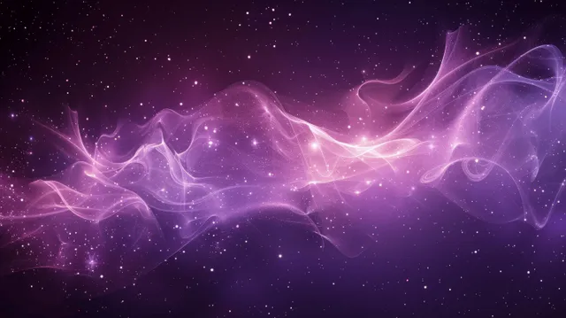 Purple starry background with glowing smoke-like waves and faint plasma trails across deep space.