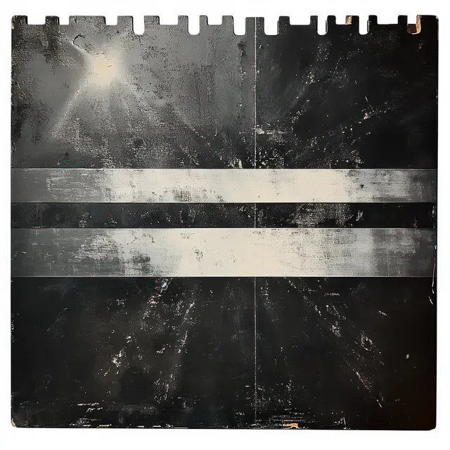 Distressed black and white metal panel with two silver horizontal stripes and square cutouts along the top.