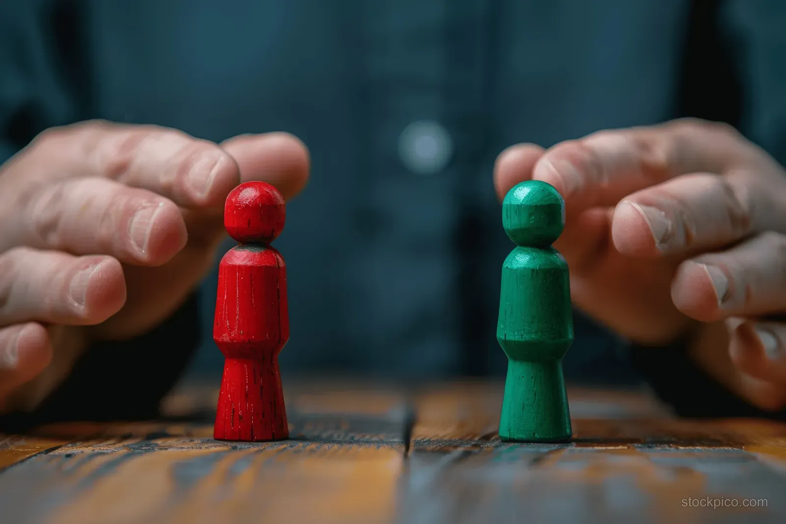 Hands separate red and green wooden figures on a table, representing mediation and conflict resolution.