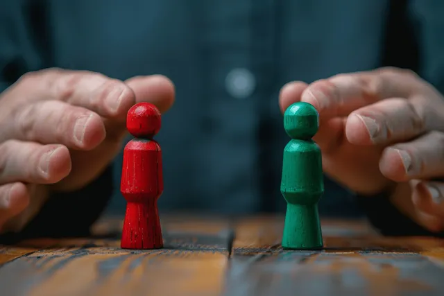 Hands separate red and green wooden figures on a table, representing mediation and conflict resolution.