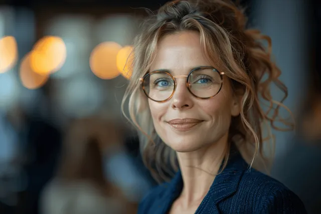 Smiling businesswoman with glasses presenting to coworkers in an office meeting with blurred lights behind.