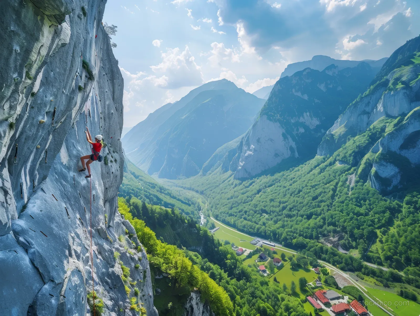 A female sport climber stretches on a rock wall while a green valley and mountains spread out below.