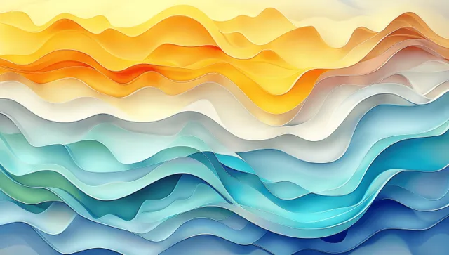 Layered pastel waves form wavy cut-paper layers under a yellow sunlit sky gradient.