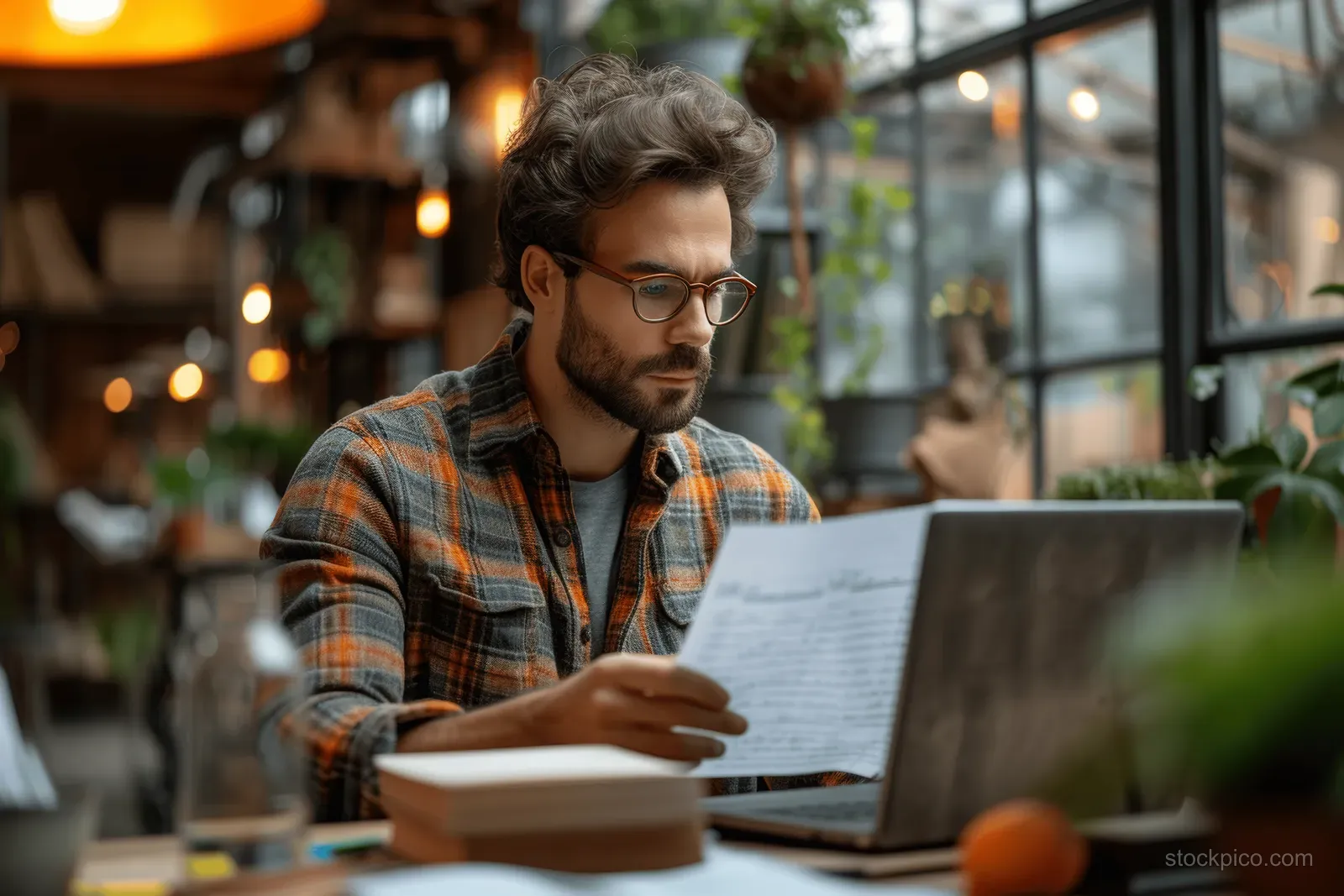 A young professional studies paperwork on a laptop at a café office desk with coffee and blurred background lights.