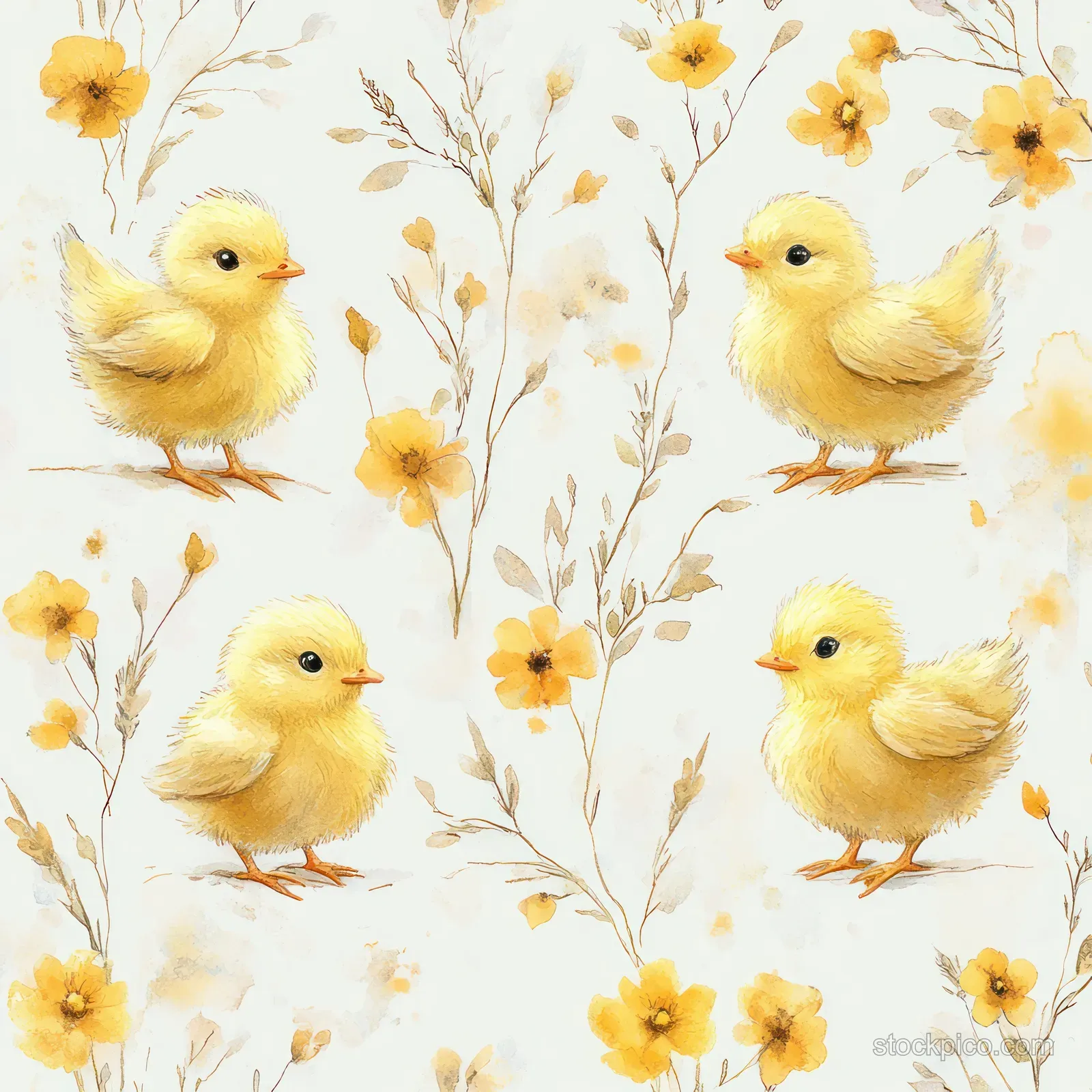 Four yellow baby chicks surrounded by small soft yellow flowers and thin greenish stems on a light background.