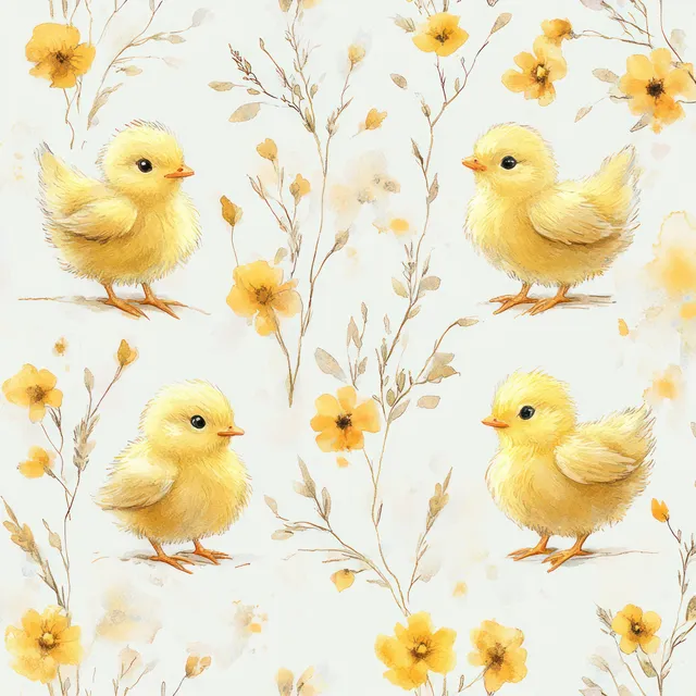 Four fluffy yellow chicks nestled among soft spring flowers on a light watercolor background