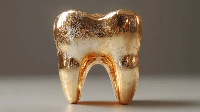A centered gold tooth sculpture with metallic shine, softly lit on a neutral background.