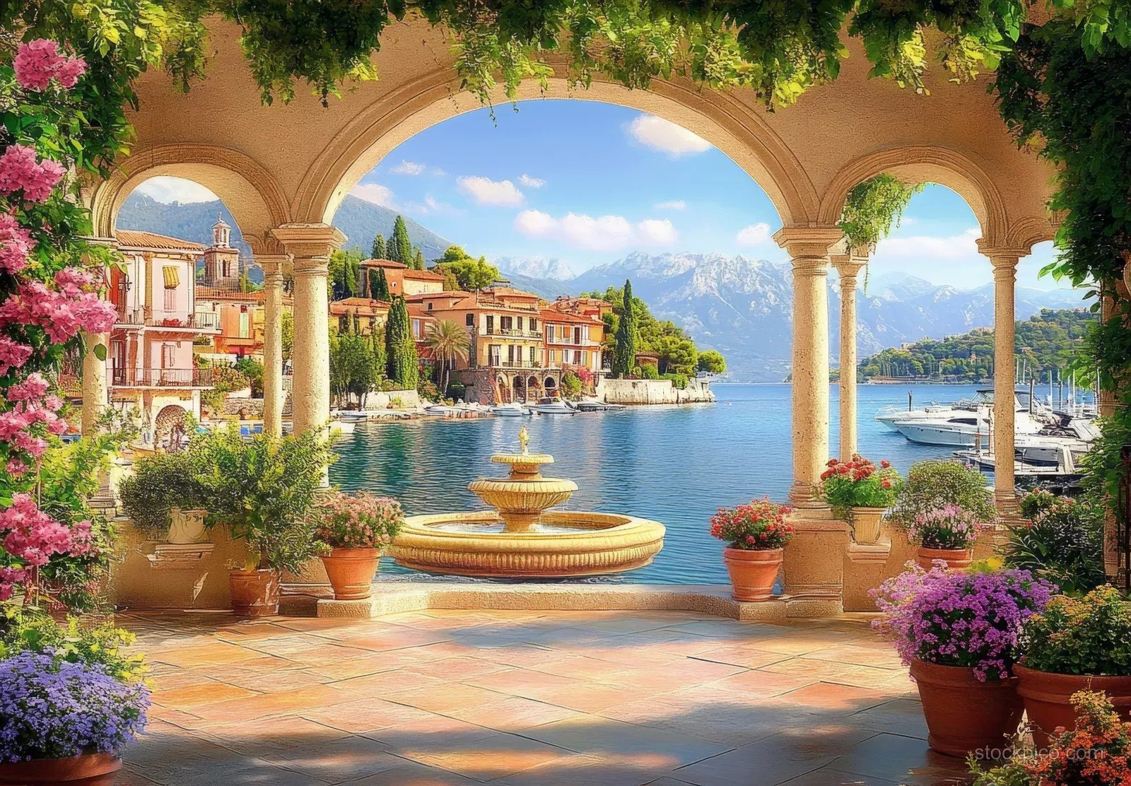 Mediterranean courtyard with flowering planters, stone arches, and a fountain overlooking a calm harbor with boats.