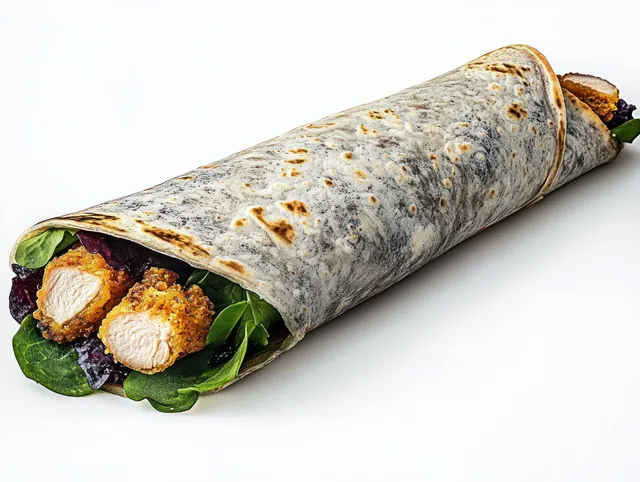 Rolled flatbread wrap stuffed with breaded chicken and leafy greens on a white background.