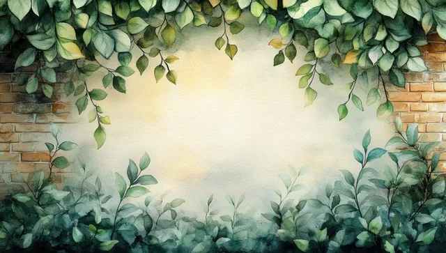 Green watercolor leaves arch over a brick wall background with soft garden plants below.