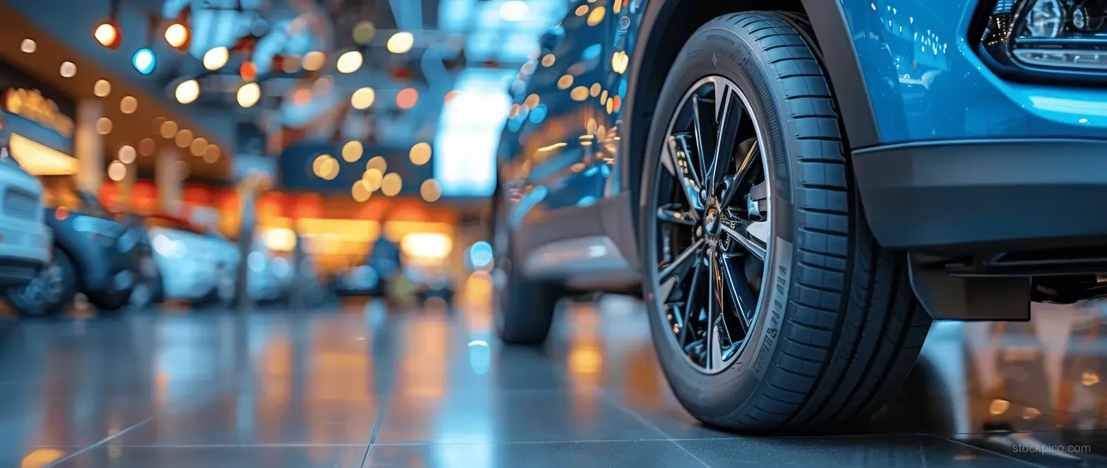 Blue SUV front wheel shown in a brightly lit dealership showroom with glowing bokeh lights.