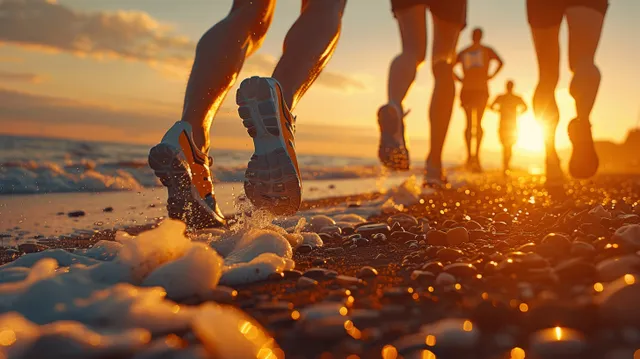 Runners’ feet sprint across a pebble beach at sunset, sneakers kicking sand with long shadows.