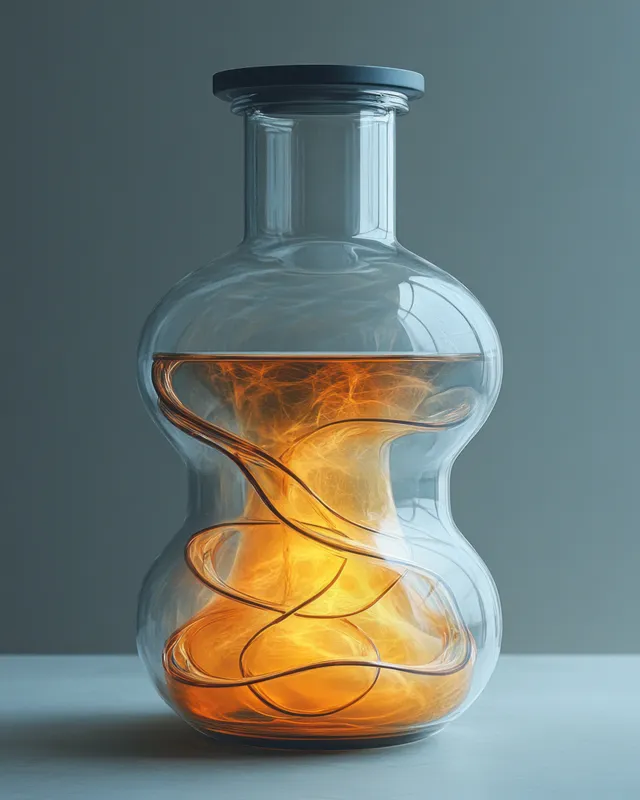 Glass lab flask with amber liquid and coiled tubing on a clean tabletop