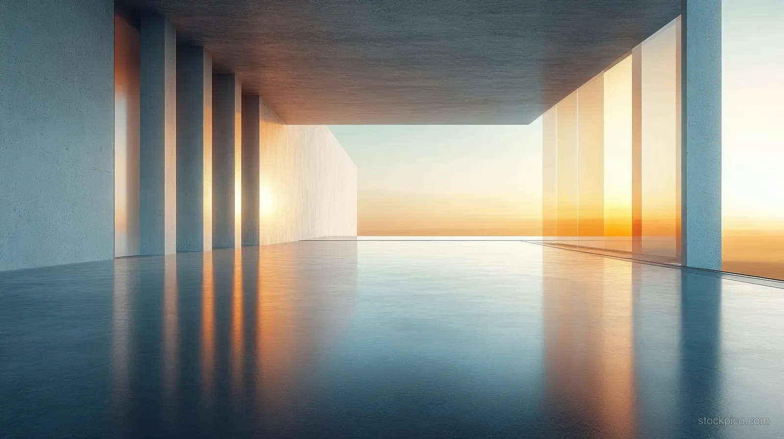 Minimalist modern interior showing large glass windows and sunset reflections across a smooth reflective floor.