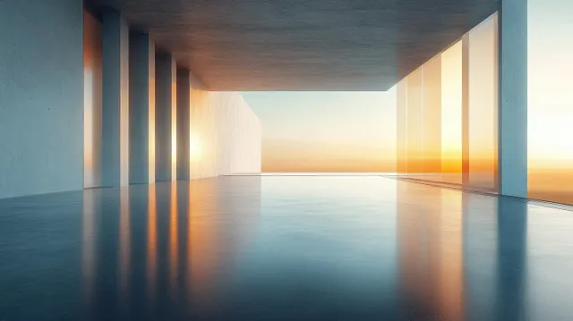 Minimalist modern interior showing large glass windows and sunset reflections across a smooth reflective floor.