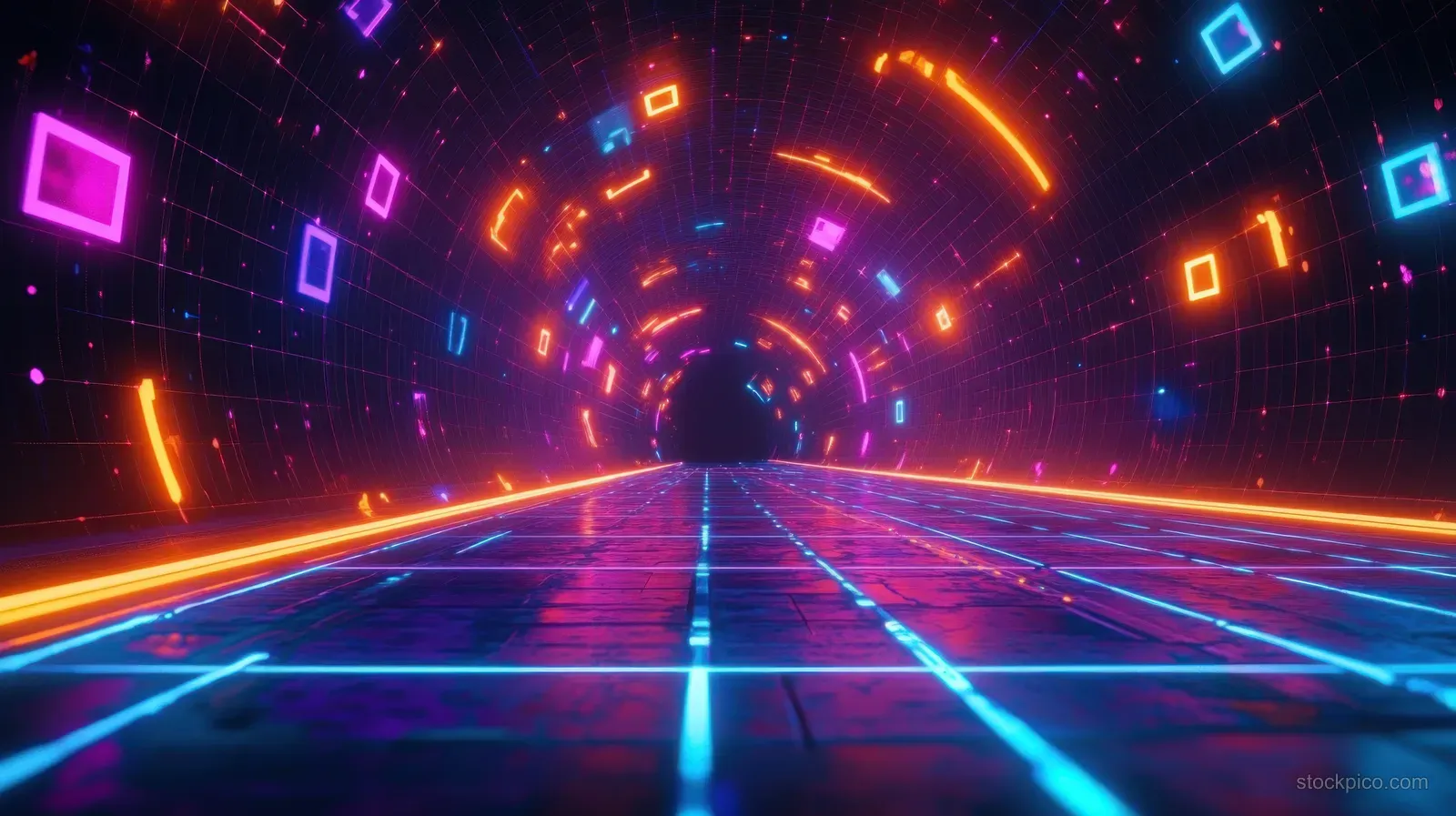 Neon virtual reality tunnel with glowing grid lines and colorful floating geometric squares.