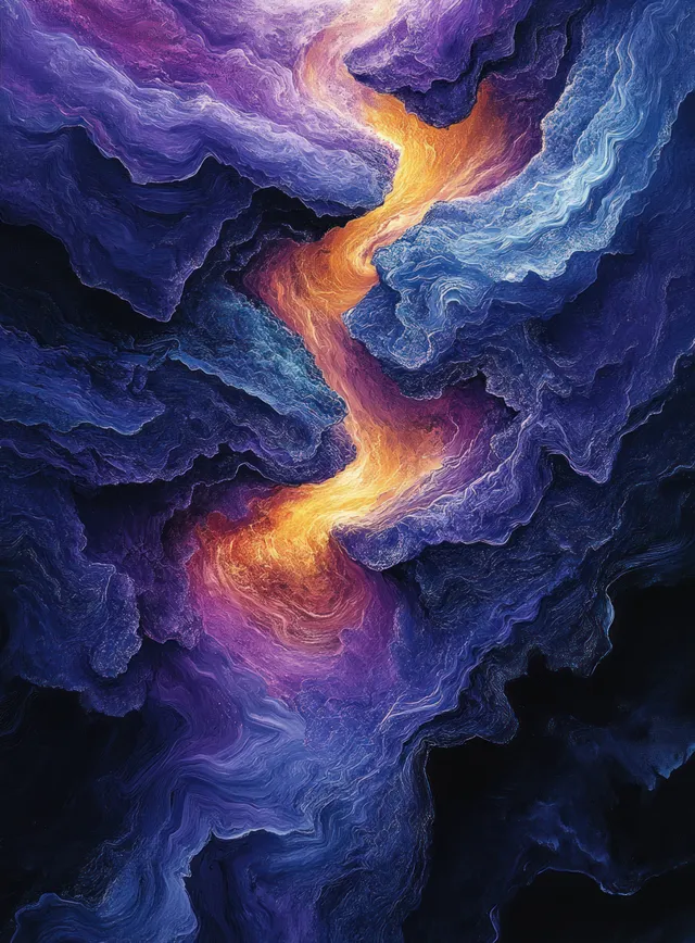 Swirling abstract fluid shapes in deep blue and purple with glowing orange streaks