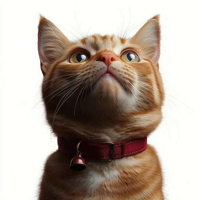 Close-up orange tabby cat portrait with yellow eyes, red collar bell, looking upward with Shallow Depth Of Field