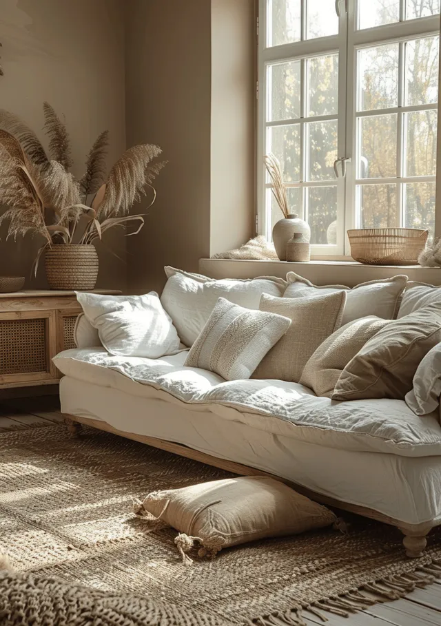White sofa with linen pillows and a beige rug sits in a sunlit coastal living room beside a wooden side table.
