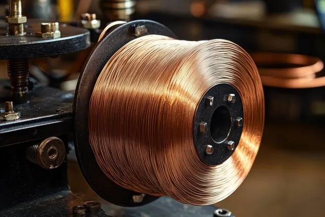 Copper wire spool mounted in an industrial machine with dark mechanical parts and warm lighting.