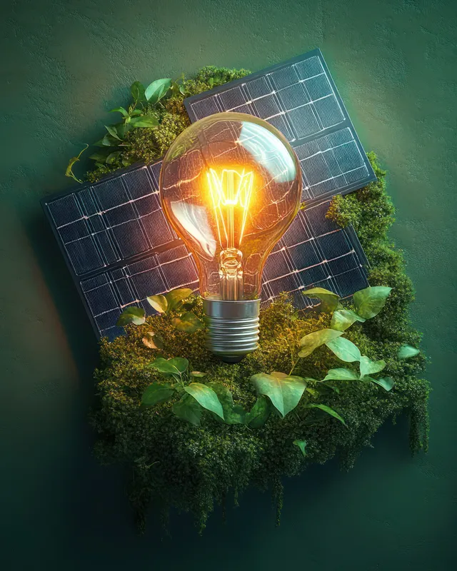Glowing light bulb surrounded by moss and green plants with solar panels behind it.