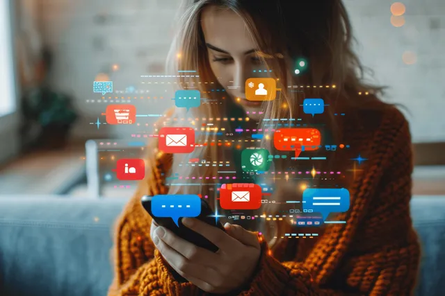 A woman holds a smartphone and views floating chat icons for text messaging while relaxing at home.
