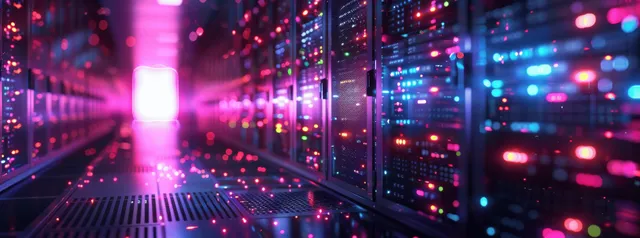 Glowing server racks in a high-performance data center aisle with purple-blue light