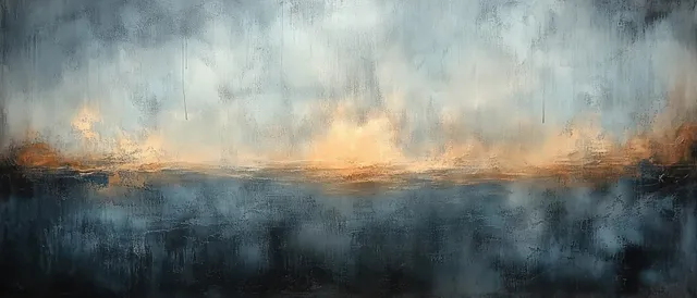 Un fondo de paisaje abstracto con textura azul brumosa, un fino horizonte naranja óxido y detalle de pinceladas en capas.