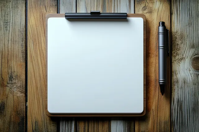 Blank notepad on wooden clipboard with black pen beside it on rustic desk for writing