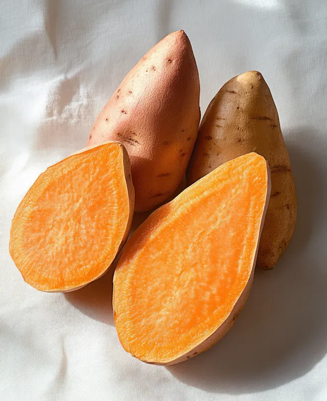 Two whole and two halved sweet potatoes with orange flesh rest on white fabric under natural light.