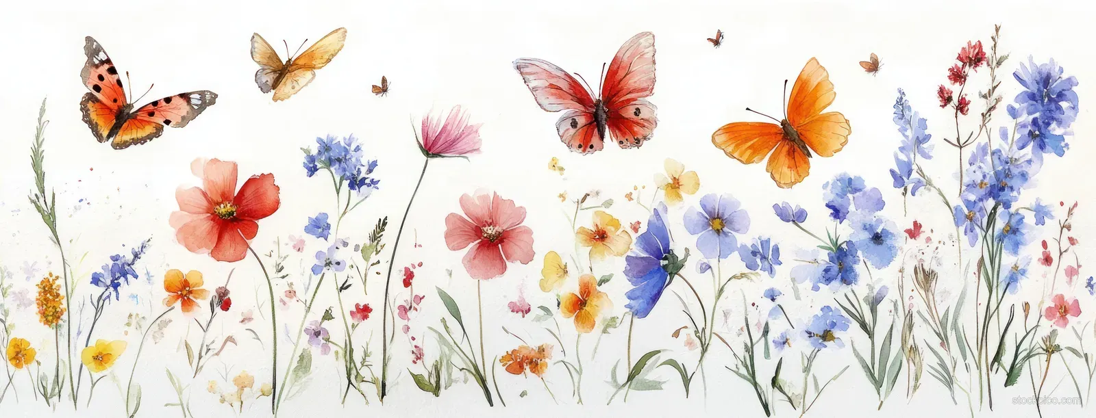 Watercolor illustration featuring butterflies, a dragonfly, and wildflowers in a delicate botanical border.