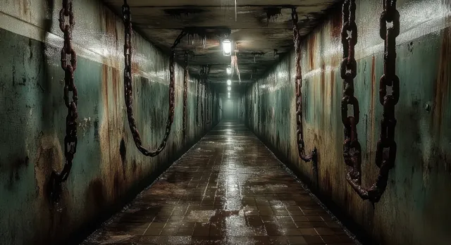 Rusted chains hang along stained underground corridor walls over a wet reflective tiled floor beneath one overhead light.