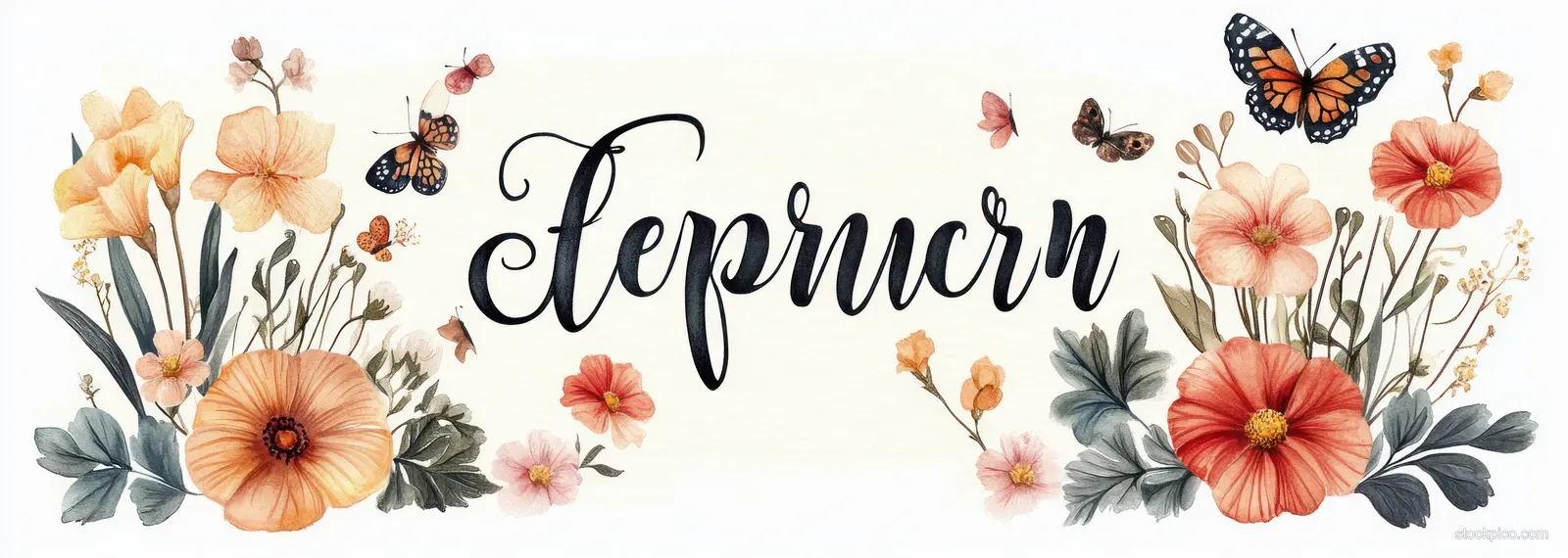 Watercolor floral banner with orange and peach flowers, green foliage, and butterflies around the blossoms.