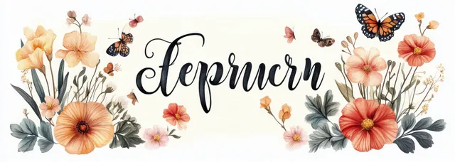 Watercolor floral banner with orange-peach blossoms, green leaves, and fluttering butterflies