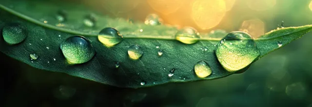 Dew drops cling to a green leaf in warm sunlight with soft bokeh