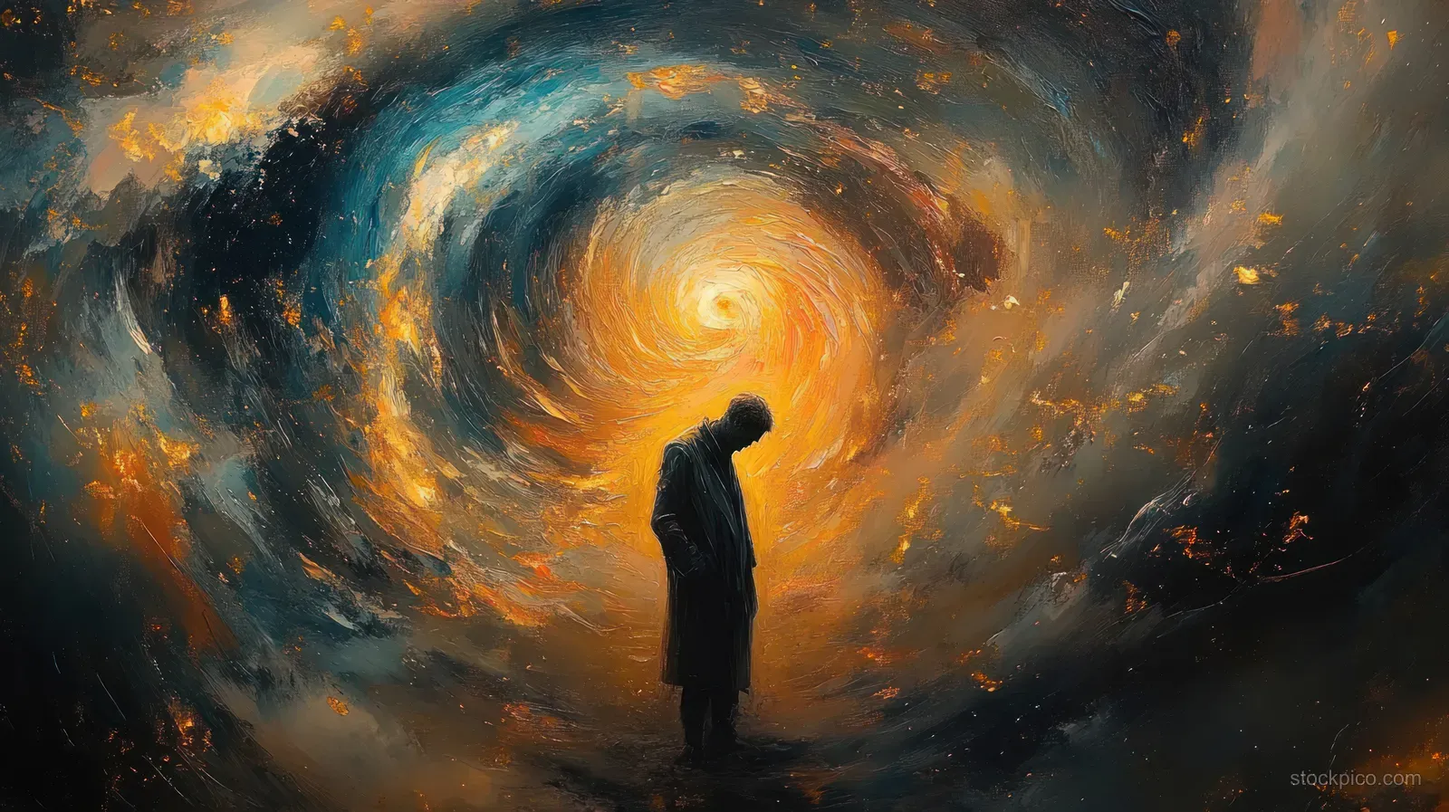 A lone bowed silhouette stands inside a fiery orange and dark blue swirling vortex.