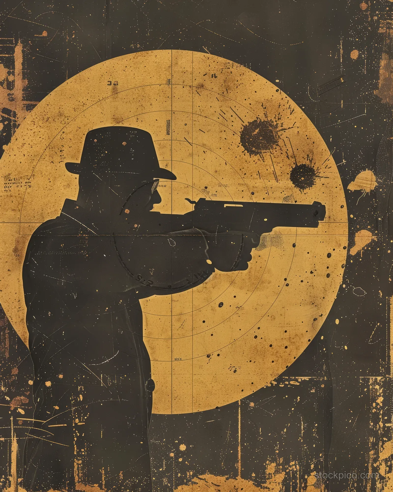 A pistol shooter silhouette aims at a bullseye inside a distressed gold target circle on a vintage poster background.
