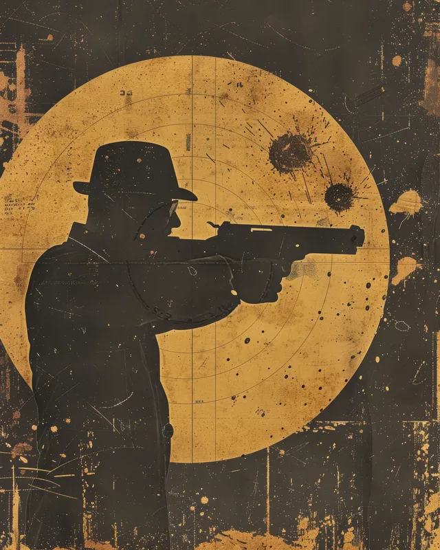 A pistol shooter silhouette aims at a bullseye inside a distressed gold target circle on a vintage poster background.